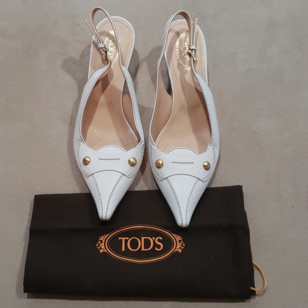 Tod's White Leather Pointed Toe Mules Kittrn Heel